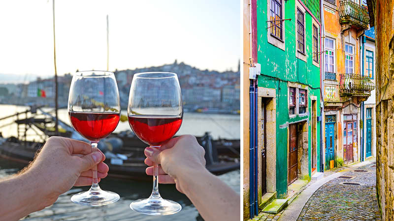 Färgglada gränder i gamla stan i Porto och rödvin vid vattnet på en semester till Portugal.